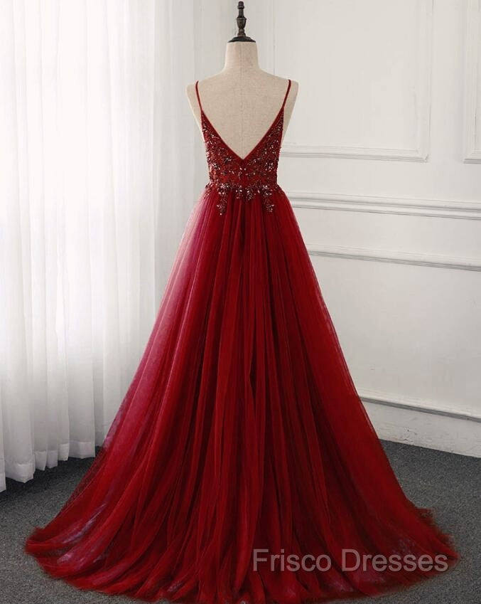 High Quality Burgundy Straps Beaded Long Party Dress, Long Junior Formal Prom Dress