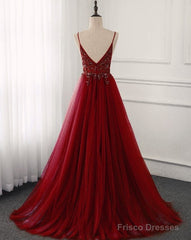 High Quality Burgundy Straps Beaded Long Party Dress, Long Junior Prom Dress