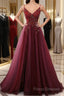High Quality Burgundy Straps Beaded Long Party Dress, Long Junior Formal Prom Dress
