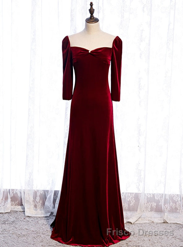 High quality Burgundy Velvet Long Sleeve Prom Dress