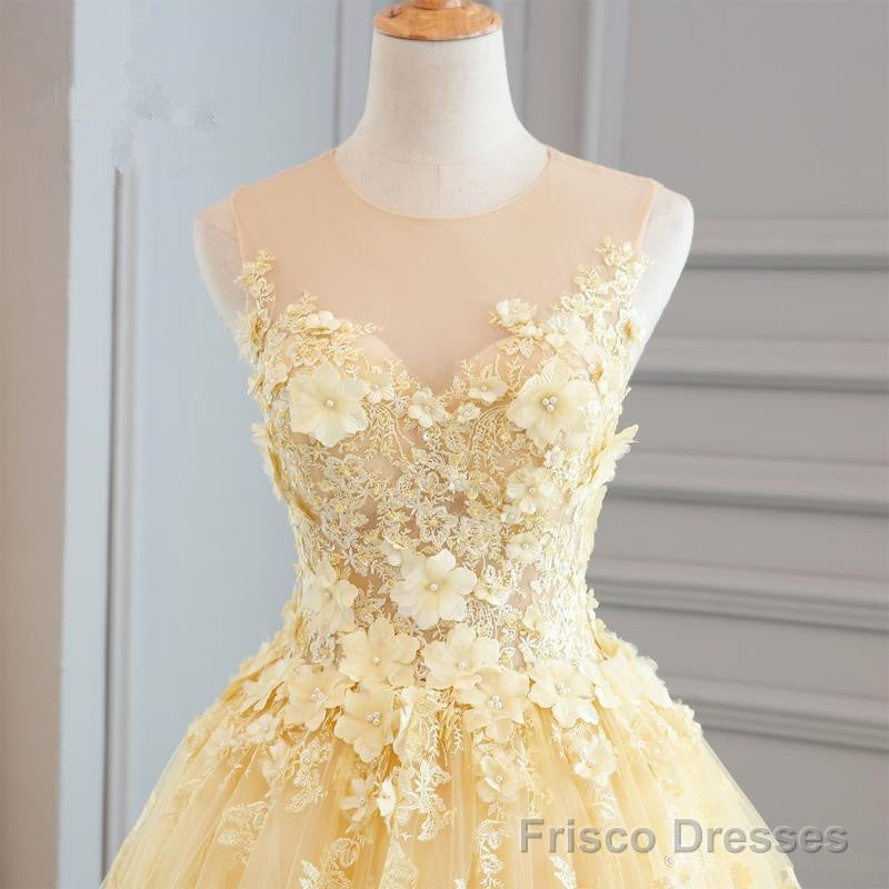 High Quality Lace Yellow Long Party Gown, A-line Evening Dress Main image