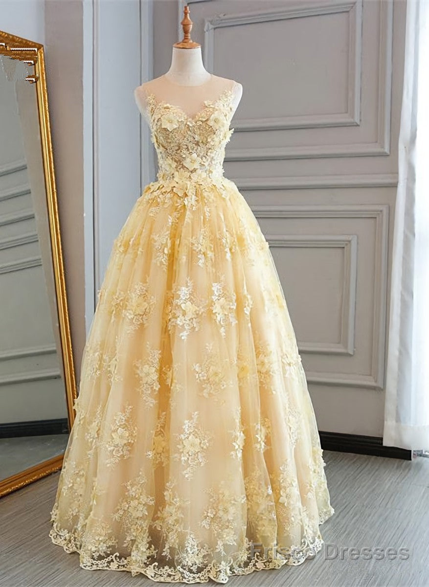 High Quality Lace Yellow Long Party Gown, A-line Evening Dress Secondary image