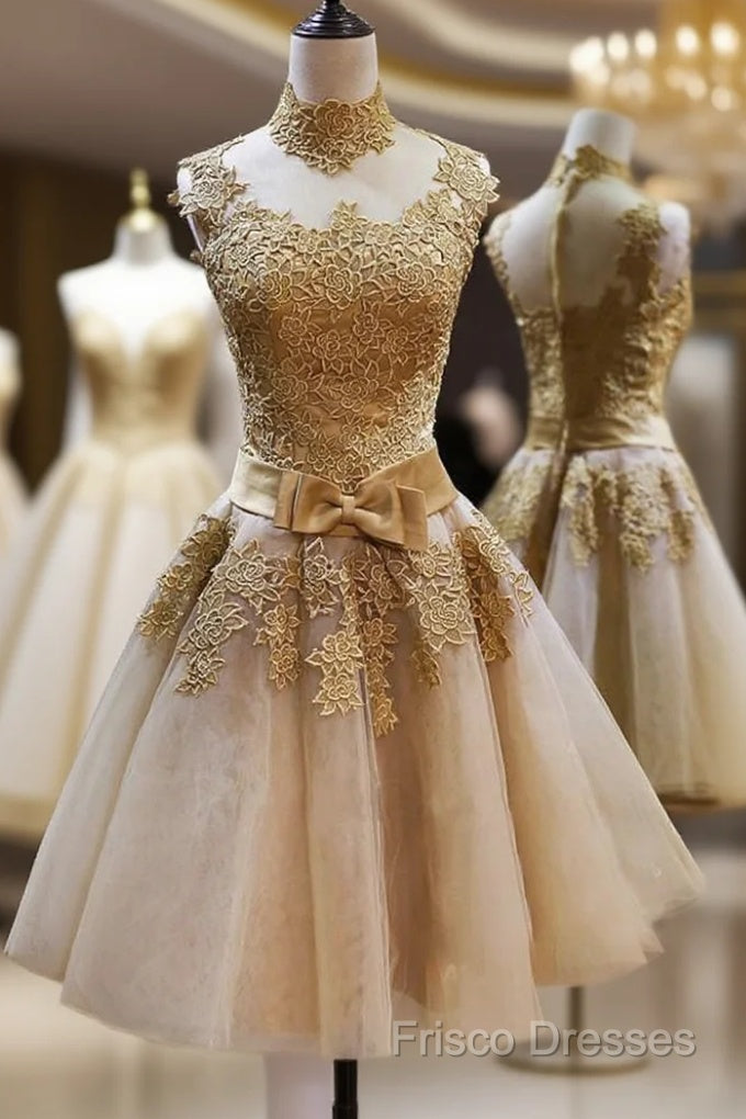 High Quality Vintage High Neck Bowknot Lace Homecoming Dress Main image
