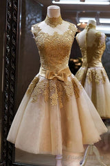 High Quality Vintage High Neck Bowknot Lace Homecoming Dresses