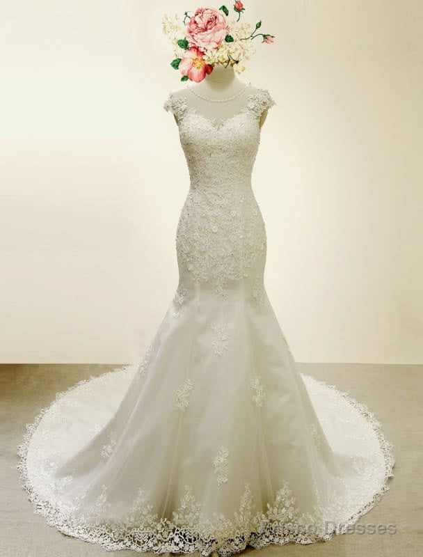 High Qulity Lace Mermaid Wedding Dress Illusion Chaple Train Ivory Beading Bridal Gown Main image