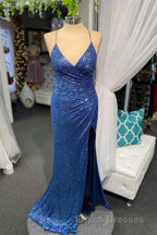 High Slit Blue Sequins Straps Mermaid Evening Gown,Ball Gowns Formal Prom Dress