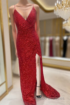 High Slit Blue Sequins Straps Mermaid Evening Gown,Ball Gowns Formal Prom Dress