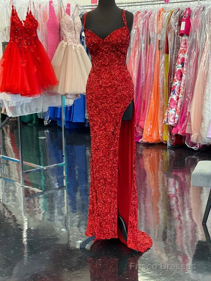 High Slit Sequin Red Prom Dresses Long V Neckline Mermaid Evening Dress Main image