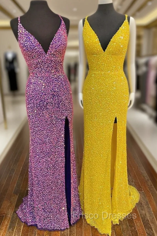 Hight Slit Yellow Sequins Halter Formal Prom Dress Main image