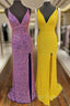 Hight Slit Yellow Sequins Halter Formal Prom Dress