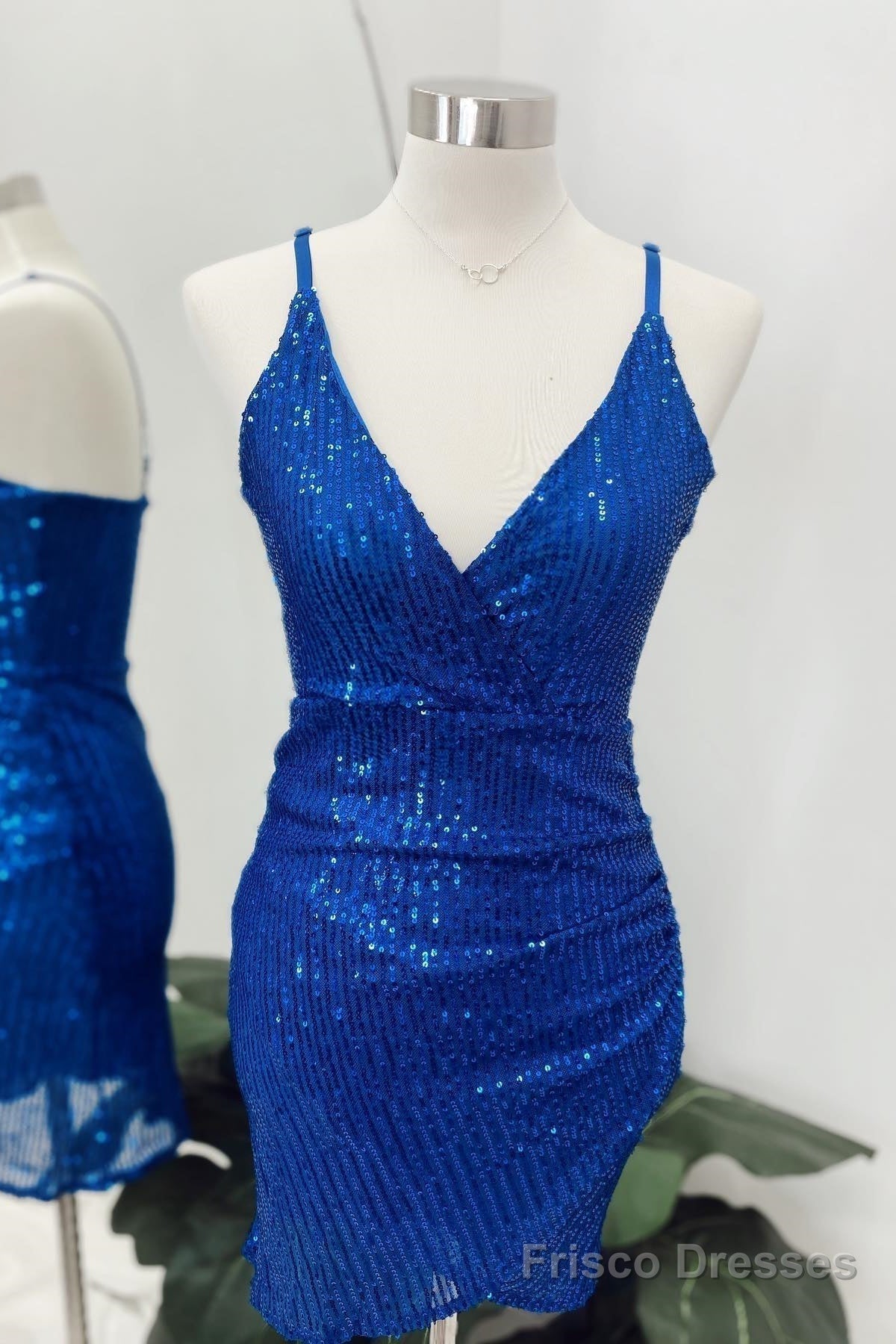 Royal Blue Sequins Deep V Neck Faux-Wrap Homecoming Dress Main image