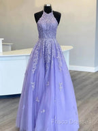 Hot Halter Purple Formal Prom Dress Lace Long Graduation Formal Dress