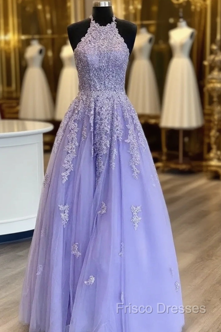 Hot Halter Purple Formal Prom Dress Lace Long Graduation Formal Dress Main image