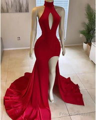 Hot Long  Red Prom Dress High Neck Satin Mermaid Evening Dress Uk Split