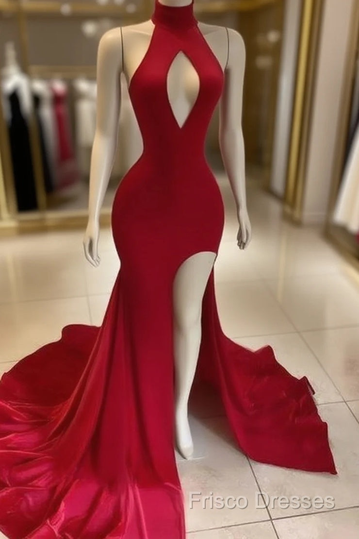 Hot Long Red Formal Prom Dress High Neck Satin Mermaid Formal Dress Uk Split Main image