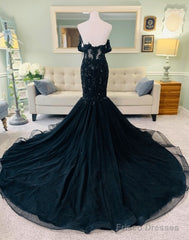 Hot Mermaid Lace Gothic Wedding Dresses Black Applique Off Shoulder