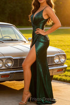 Hot Mermaid Spaghetti Straps Dark Green Long Prom Dress with Open Back