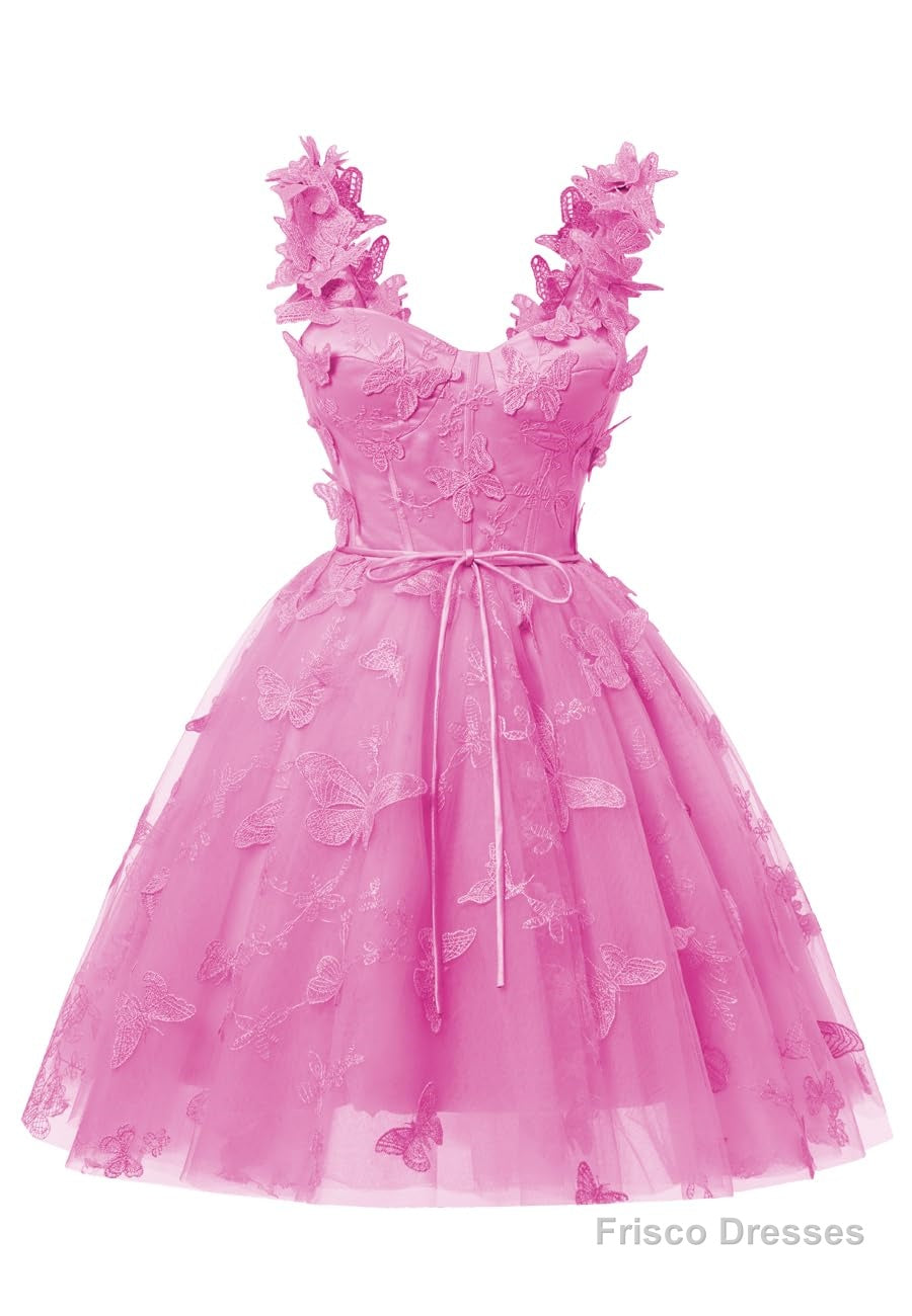 Hot Pink 3D Butterfly Lace Applique Tulle Homecoming Dress for Teens Sweetheart Mini Short Prom Dresses Secondary image