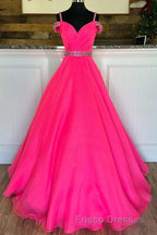 Hot Pink Beaded Cold-Shoulder A-Line Formal Prom Dress