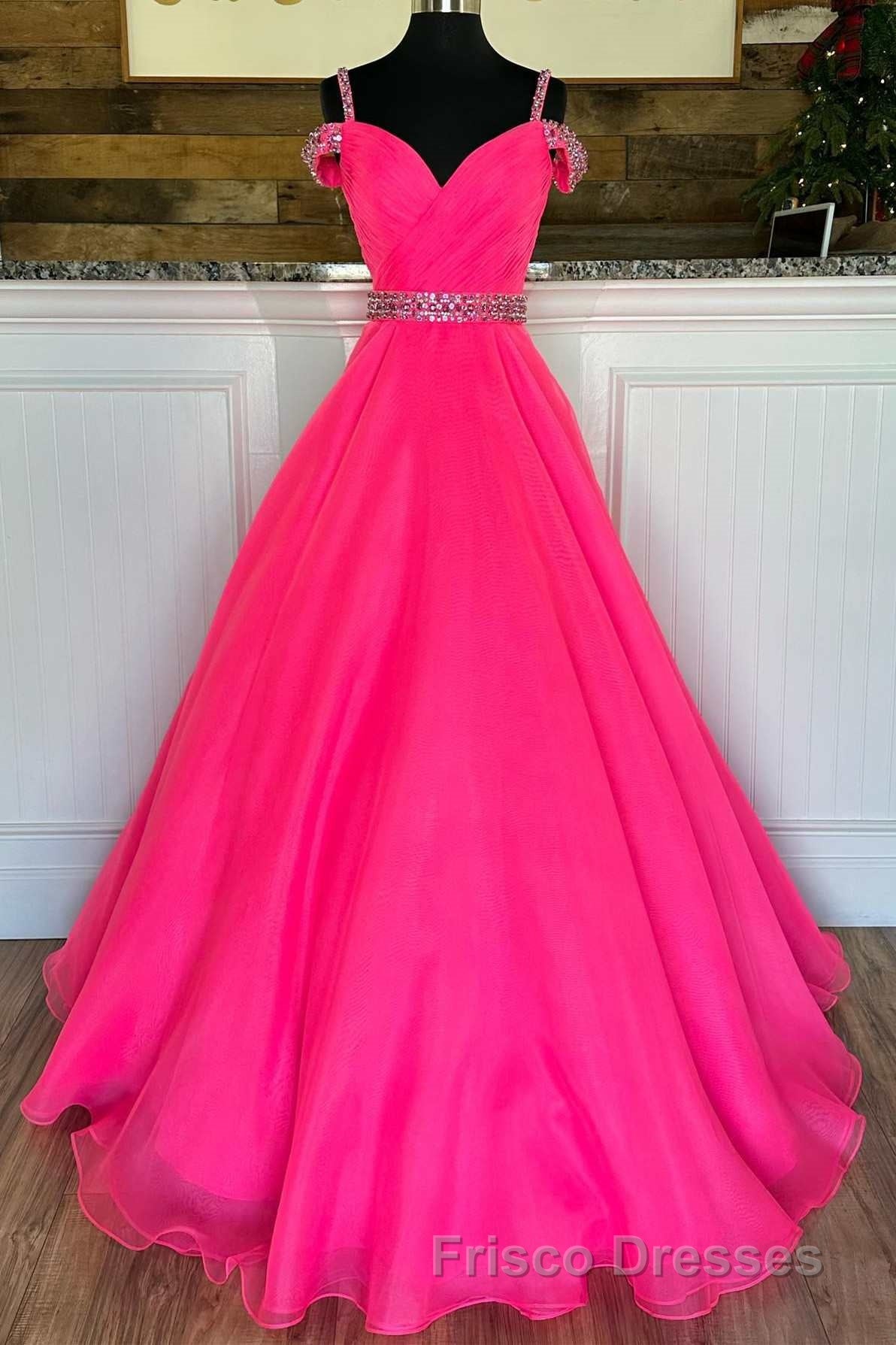 Hot Pink Beaded Cold-Shoulder A-Line Formal Prom Dress