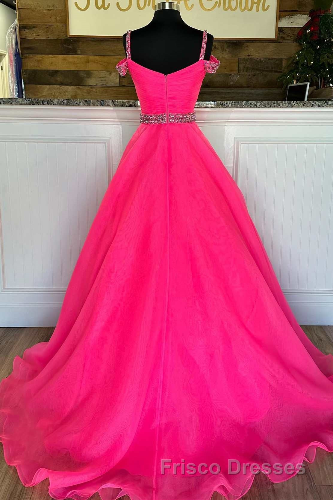 Hot Pink Beaded Cold-Shoulder A-Line Formal Prom Dress