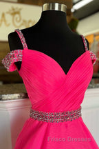 Hot Pink Beaded Cold-Shoulder A-Line Formal Prom Dress