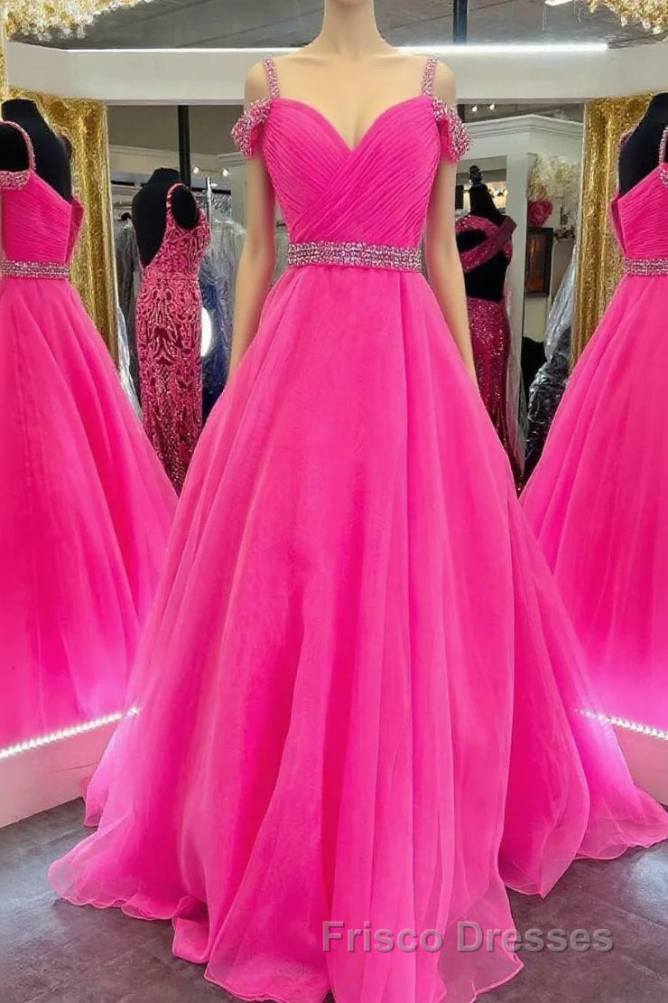 Hot Pink Beaded Cold-Shoulder A-Line Formal Prom Dress Main image