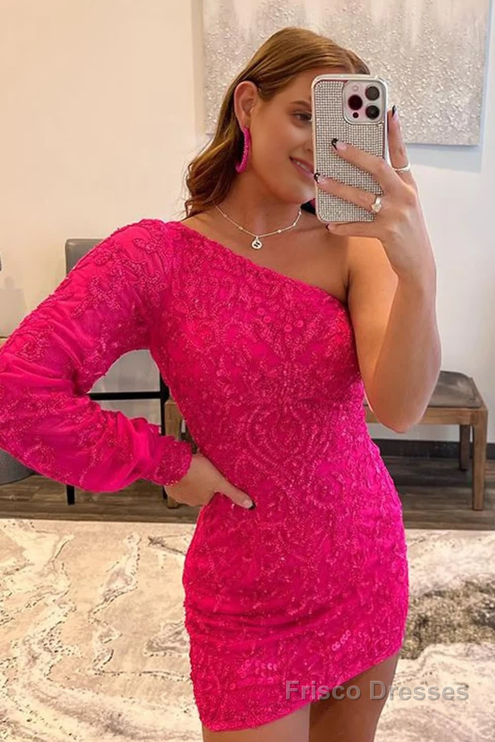 Hot Pink Beaded Sequins One Shoulder Tight Homecoming Dress Main image