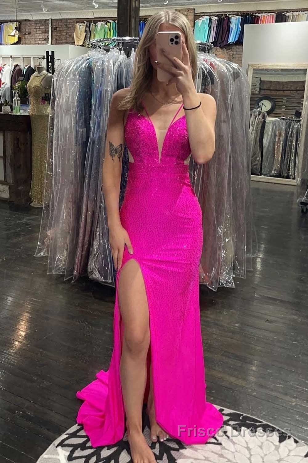 Hot Pink Beading Mermaid Prom Dress with Slit Main image