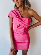 Hot Pink Bowknot Satin Homecoming Dresses One Shoulder Cocktail Dresses