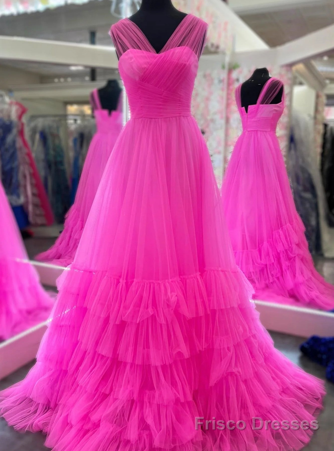 Hot Pink Illusion Tulle Pleats Prom Dress Main image