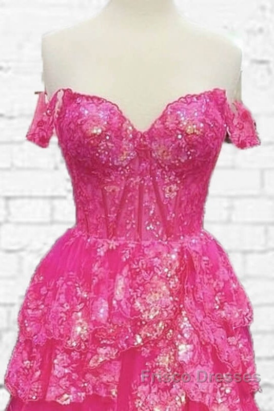 Hot Pink Lace Off Shoulder Tiered Formal Prom Dress With Slit Secondary image