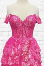 Hot Pink Lace Off Shoulder Tiered Formal Prom Dress With Slit