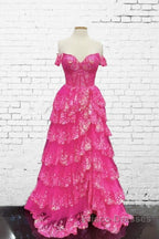 Hot Pink Lace Off Shoulder Tiered Formal Prom Dress With Slit