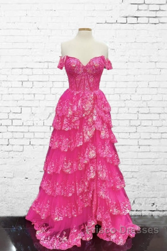Hot Pink Lace Off Shoulder Tiered Formal Prom Dress With Slit