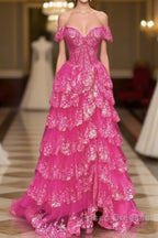 Hot Pink Lace Off Shoulder Tiered Formal Prom Dress With Slit
