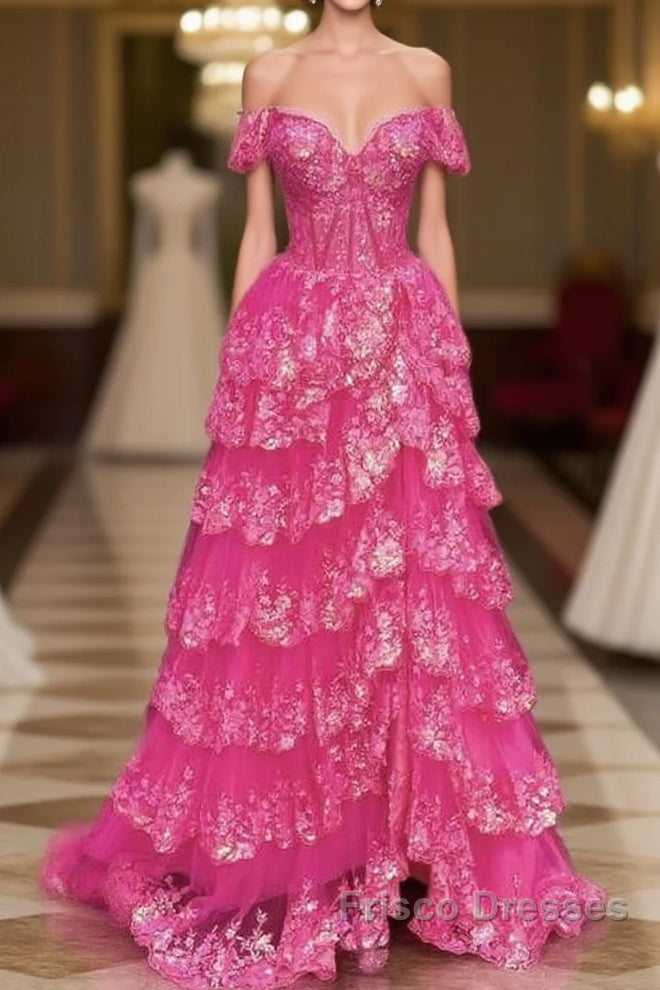 Hot Pink Lace Off Shoulder Tiered Formal Prom Dress With Slit
