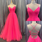 Hot Pink V-Neck Lace-Up Back Pleated A-Line Tulle Empire-Waist Long Prom Dress