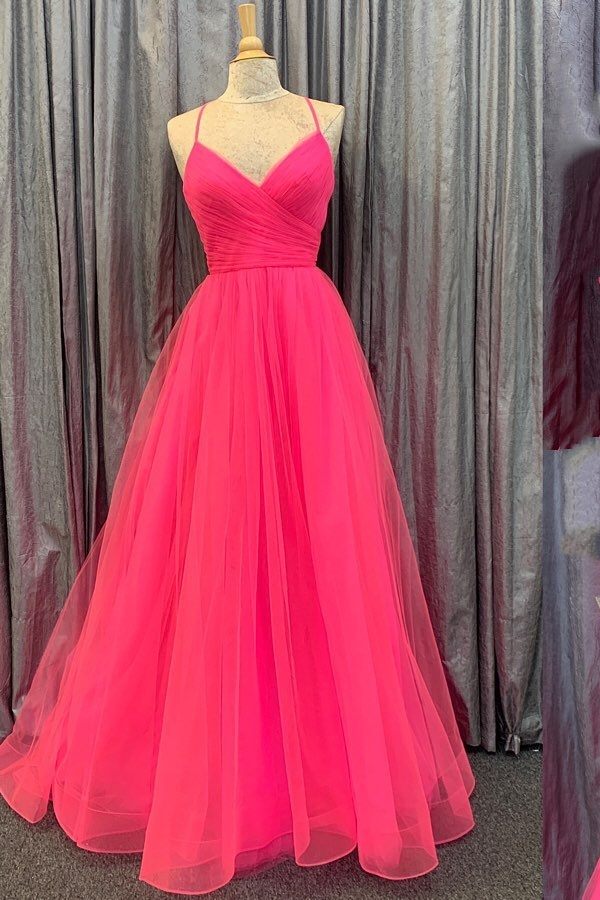 Hot Pink V-Neck Lace-Up Back Pleated A-Line Tulle Empire-Waist Long Prom Dress Main image