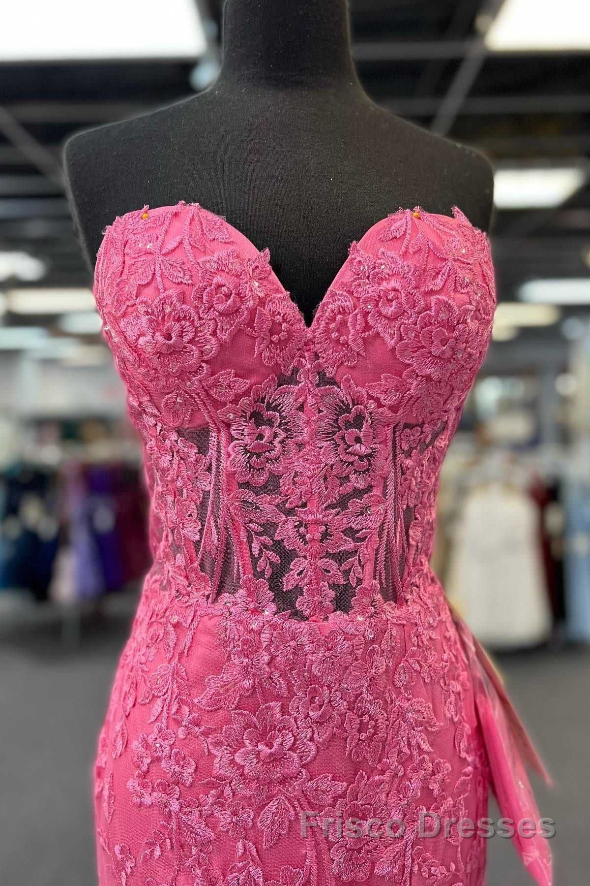 Hot Pink Mermaid Lace Formal Prom Dresses, Hot Pink Mermaid Lace Formal Evening Dresses Secondary image