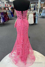 Hot Pink Mermaid Lace Formal Prom Dresses, Hot Pink Mermaid Lace Formal Evening Dresses