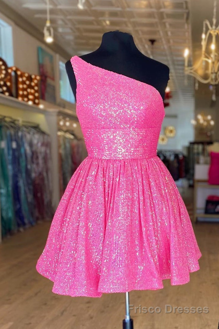 Hot Pink One Shoulder A Line Short Homecoming Dress Sequins Main image