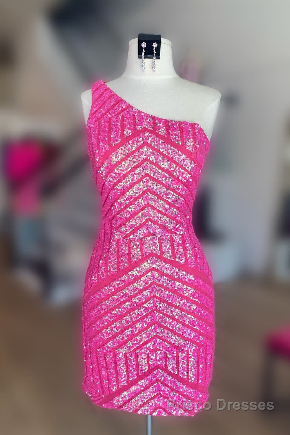 Hot Pink One Shoulder Sequins Tight Short Homecoming Dress Secondary image