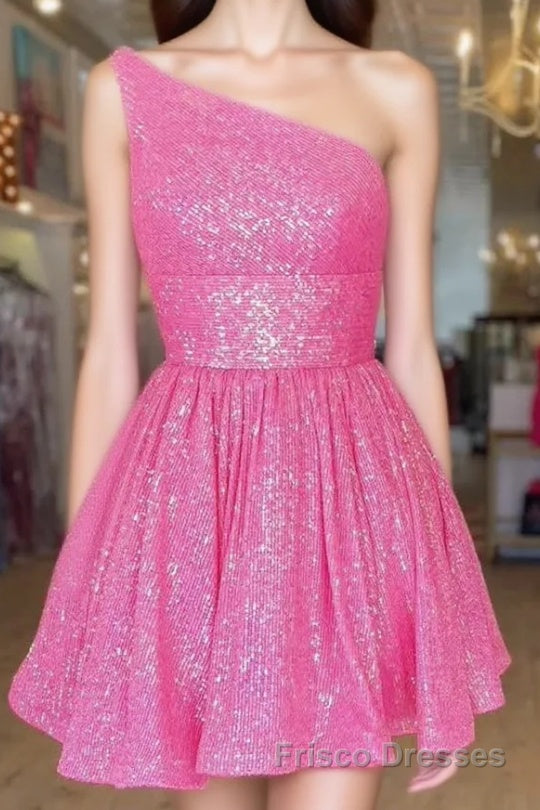Hot Pink Formal Prom Dresses One Shoulder A Line Short Homecoming Dresses Sequins Main image