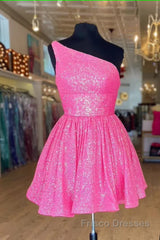 Hot Pink Formal Prom Dresses One Shoulder A Line Short Homecoming Dresses Sequins