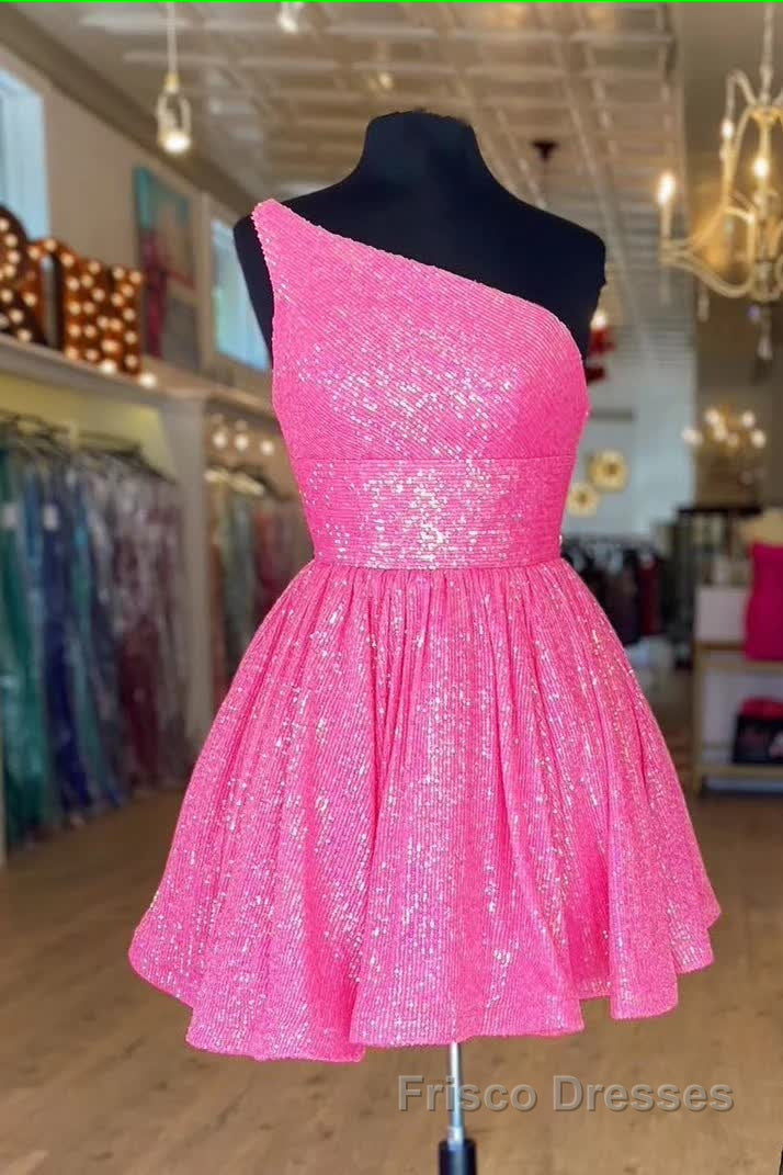 Hot Pink Formal Prom Dresses One Shoulder A Line Short Homecoming Dresses Sequins Secondary image