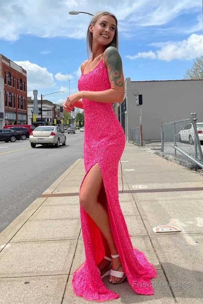 Hot Pink Prom Dresses Sparkly Mermaid Sequined Sleeveless Long Evening Gown with Slit Secondary image