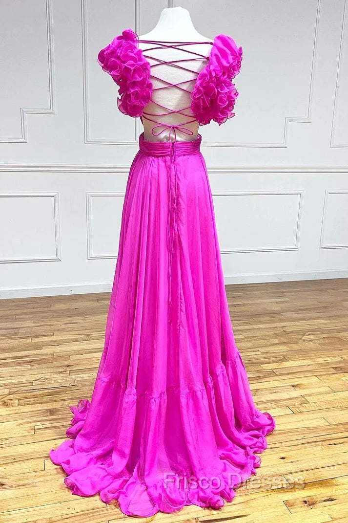 Hot Pink Ruffles Lace-Up Back A-Line Formal Prom Dress, Formal Evening Dress Secondary image