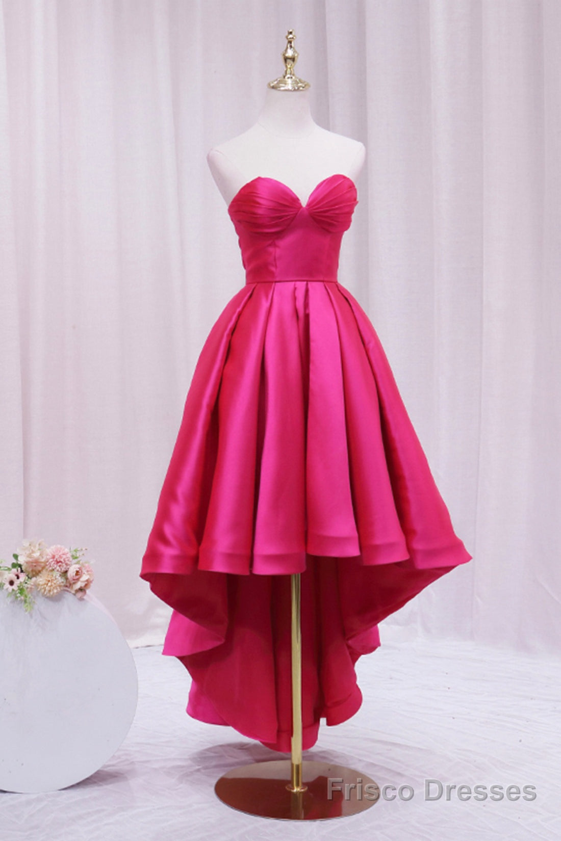 Hot Pink Satin High Low Prom Dress, Cute Sweetheart Neck Evening Party Dress Secondary image
