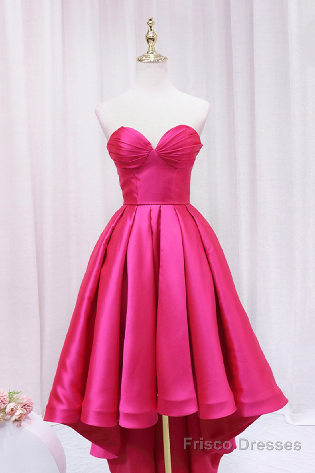 Hot Pink Satin High Low Prom Dress, Cute Sweetheart Neck Evening Party Dress Main image